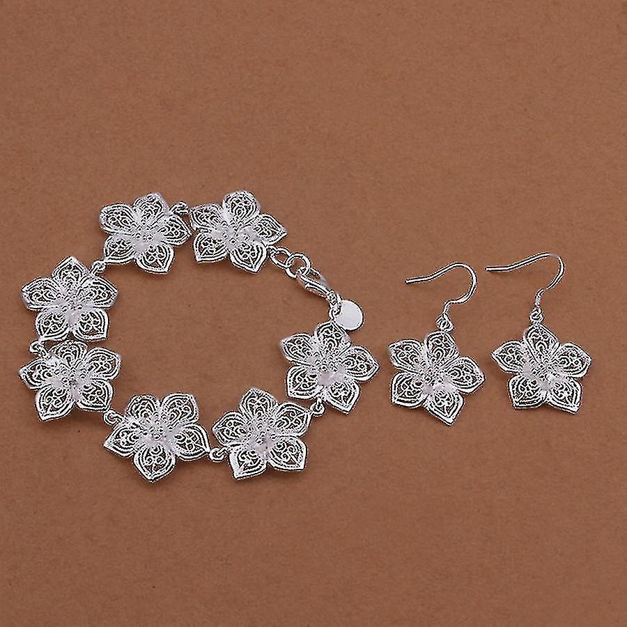 Silver bracelets Earrings for women lady wedding jewelry female charm hollow flowers fashion women jewelry Set stamped 925