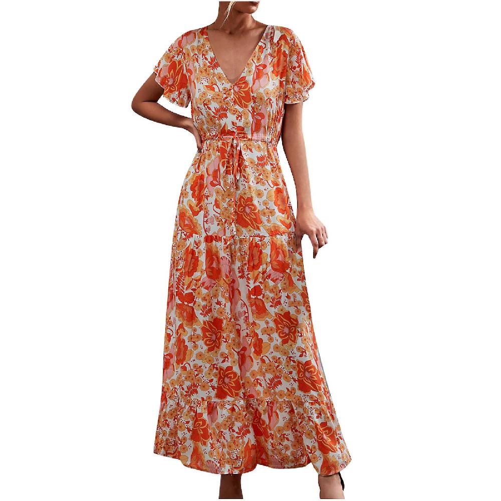 Skirts For Women Plus Size Fashion Women Casual V-Neck Printed Short Sleeve Lace Up Button Dress Skirt