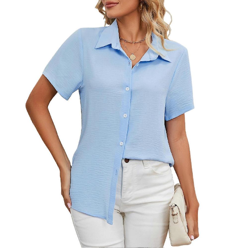 Sky Blue XL Women's Button Down Shirt Pure Color Short Sleeve Breathable Casual Shirt For Working