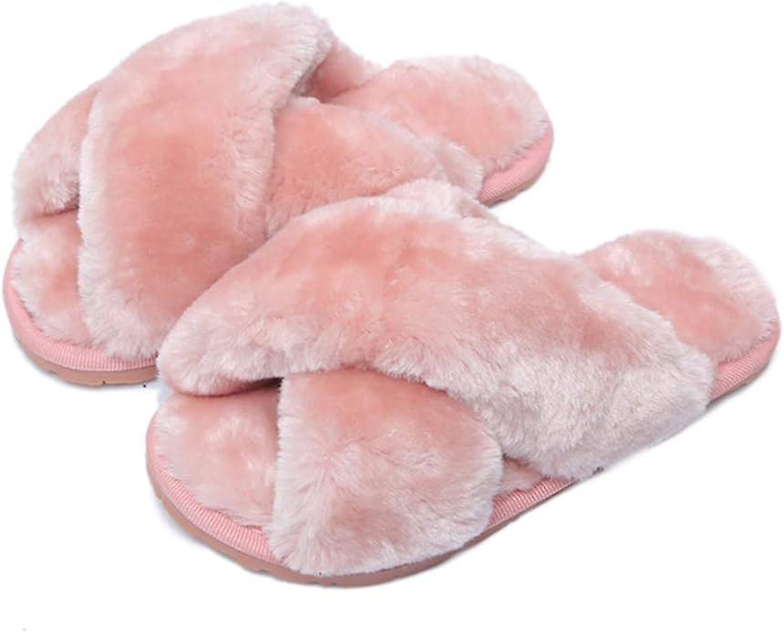 Slippers For Women And Girls Women's Fluffy Plush Home Slippers Comfortable Open Toe Faux Fur Slippers For Girls Thermal Sandals Indoor Winter