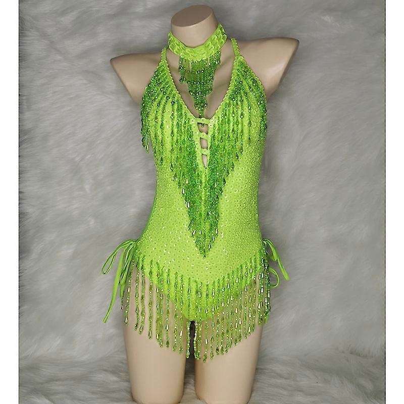 Sparkly Green Tassel Bodysuit Sexy Women Outfit Beads Sequins Carnival Costume Costume Stage Performance One-piece Dance Wear
