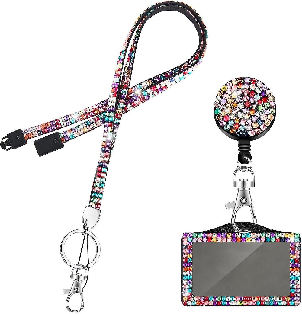Sparkly Lanyard With Card Holder Retractable Rhinestone Badge Holder Adjustable Neck Strap Crystal Clasp For Key Id Office School