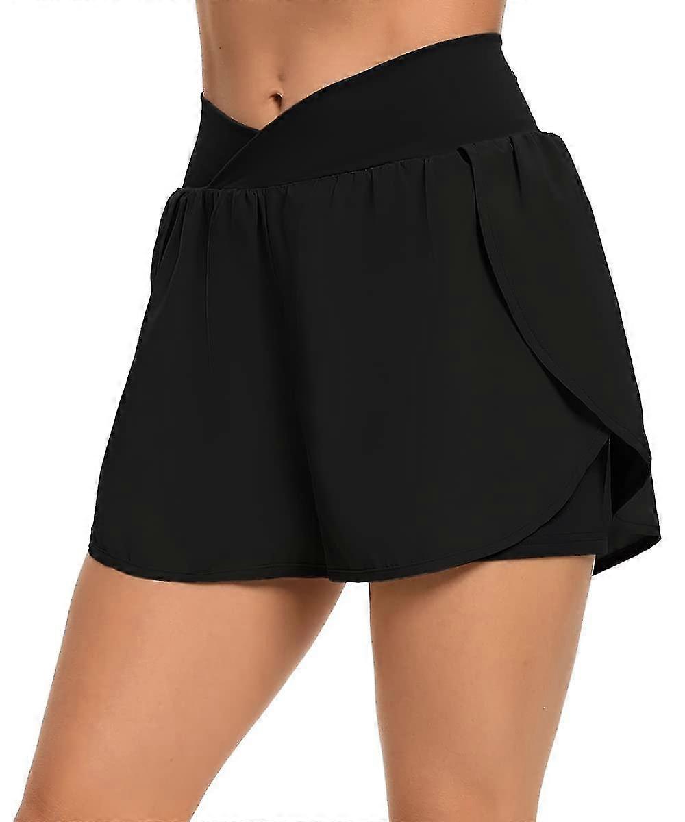 Sports Shorts Summer High Waist Running Yoga Fake Two-Piece Pants Loose Quick Drying Fitness Smokeproof Shorts Women's Cross Waist Sports Shorts With
