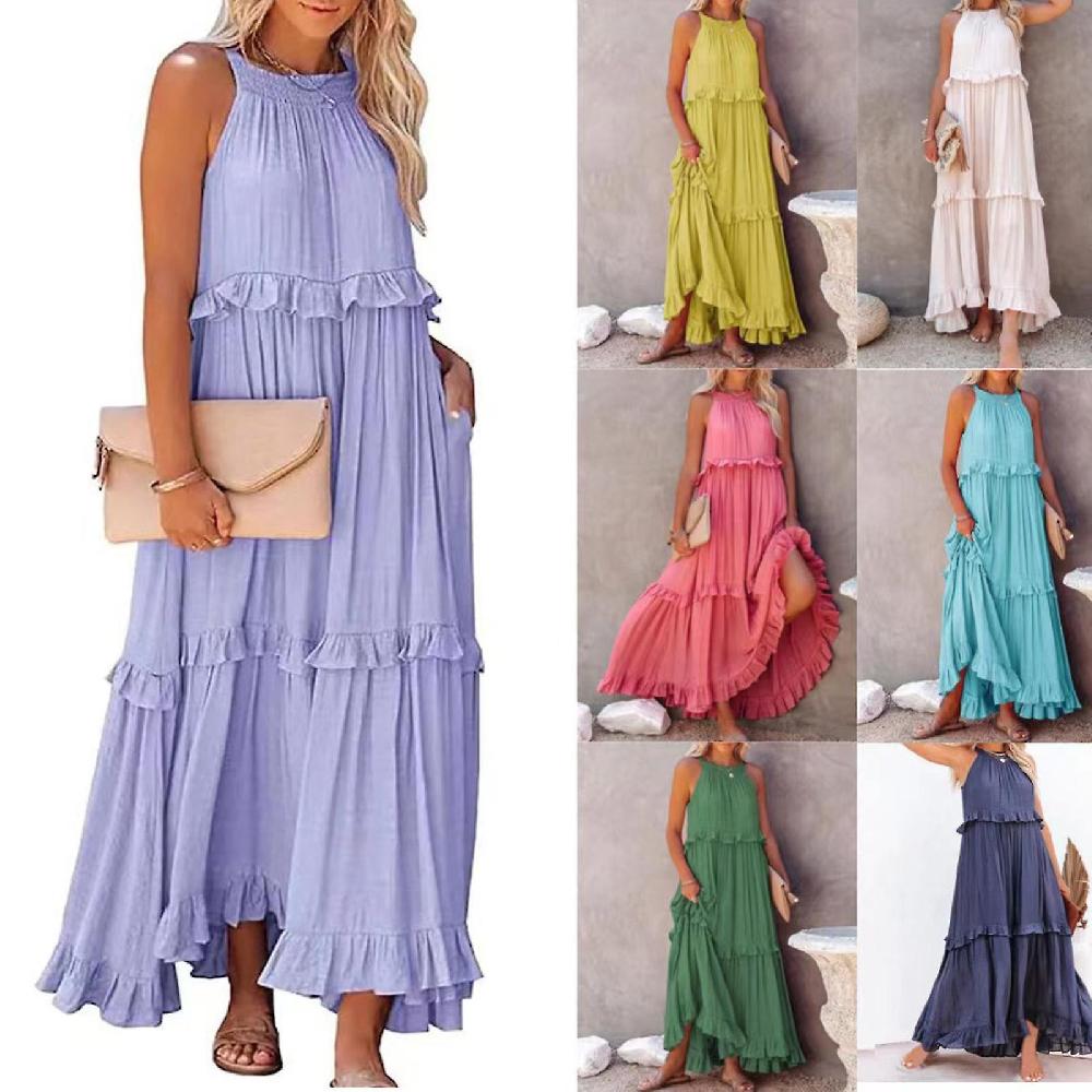 Summer Beach Casual Sleeveless Dress Ruffles Halter Solid Color Dresses For Vacation Trip Beach Seaside Honeymoon