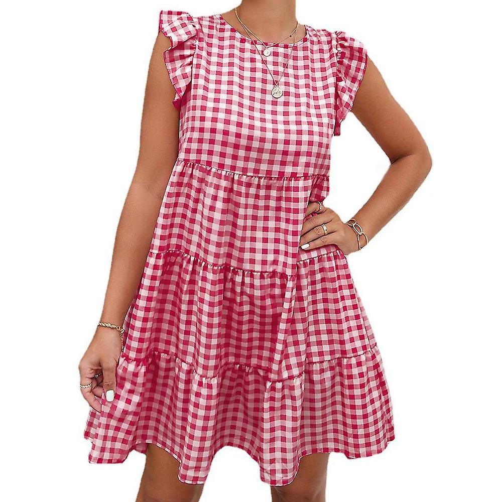 Summer Dress For Women Plaid Crew Neck Ruffled Sleeveless Tiered Mini Dress