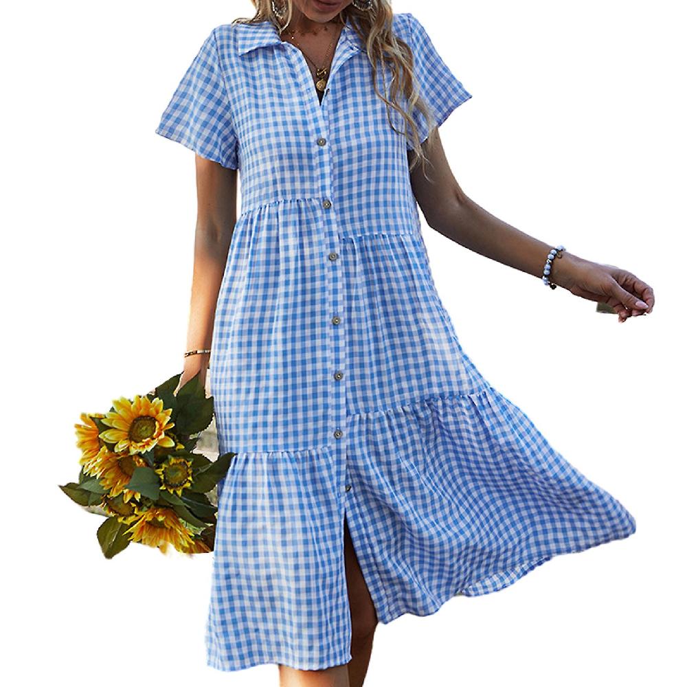 Summer Dress For Women Plaid Shirt Short Sleeve Medium-length For Casual
