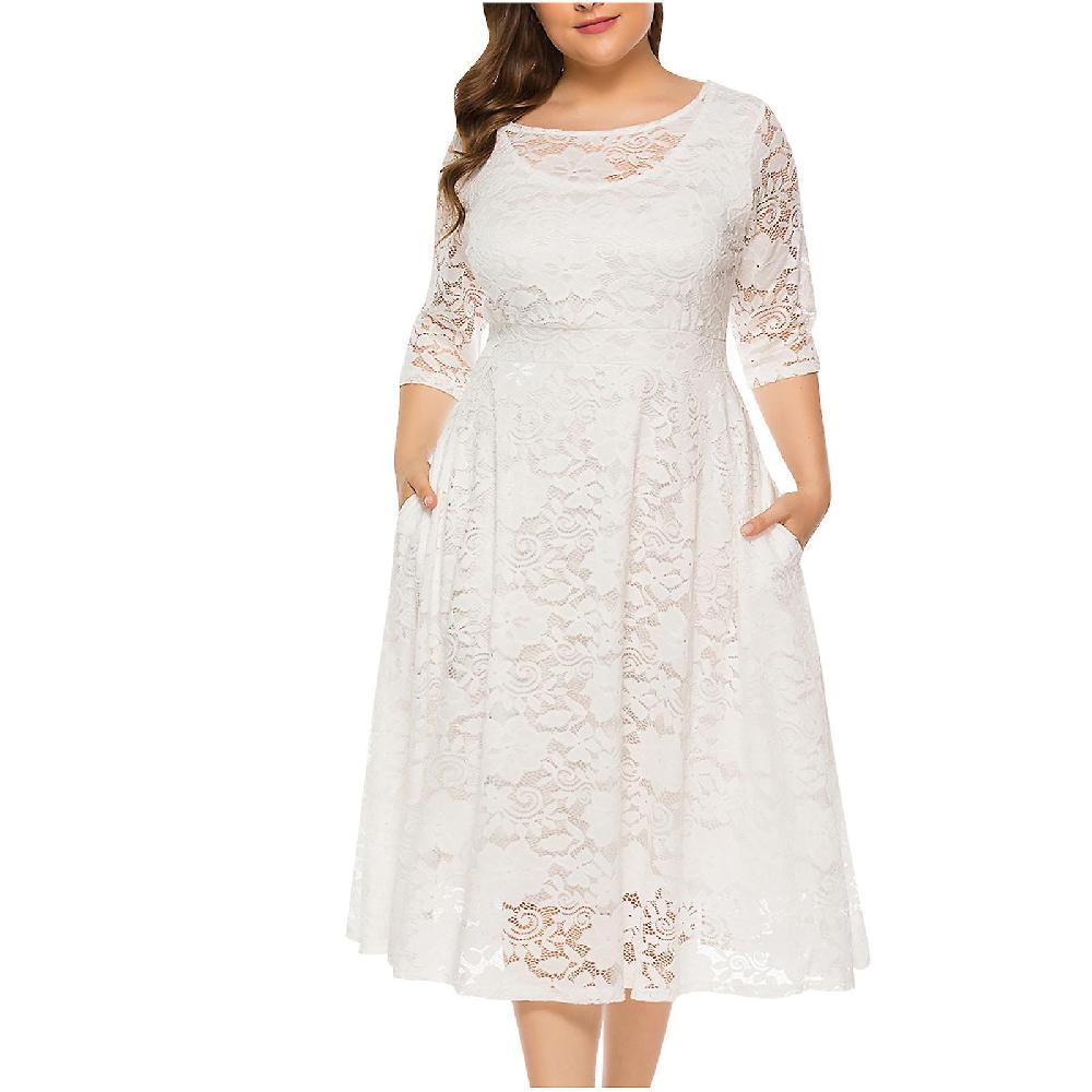 Summer Skirt Women'S Fashion Large Size Hollow Lace Pocket Dress Evening Dress Long Skirt