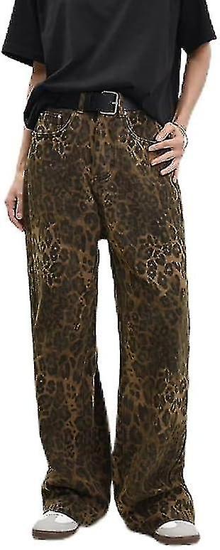 Tan Leopard Jeans DonnaUomini Denim Pantaloni Donna Oversize Pantaloni A Gamba Larga Street Wear Hip Hop Vintage Cotone Sciolto Casual