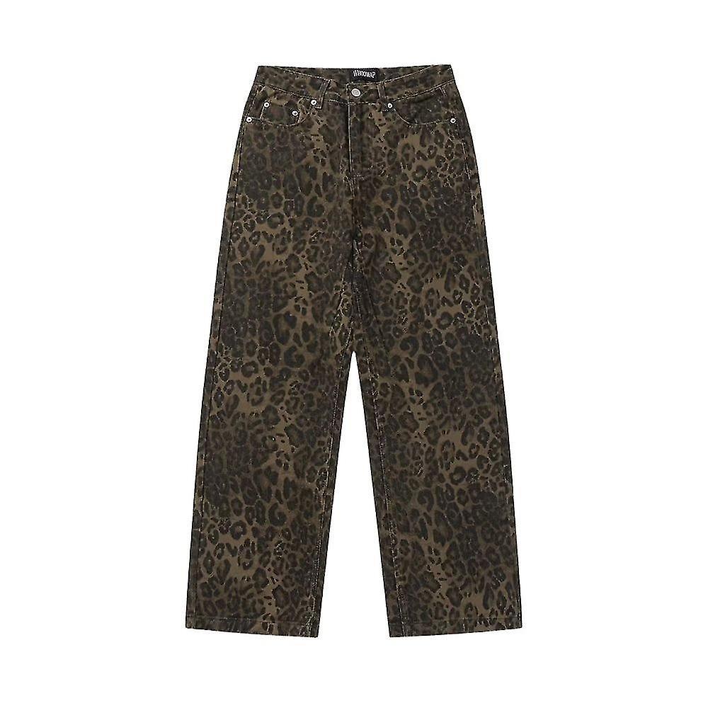 Tan Leopard Jeans Donne Denim Pantaloni Donna Oversize Pantaloni A Gamba Larga HJ