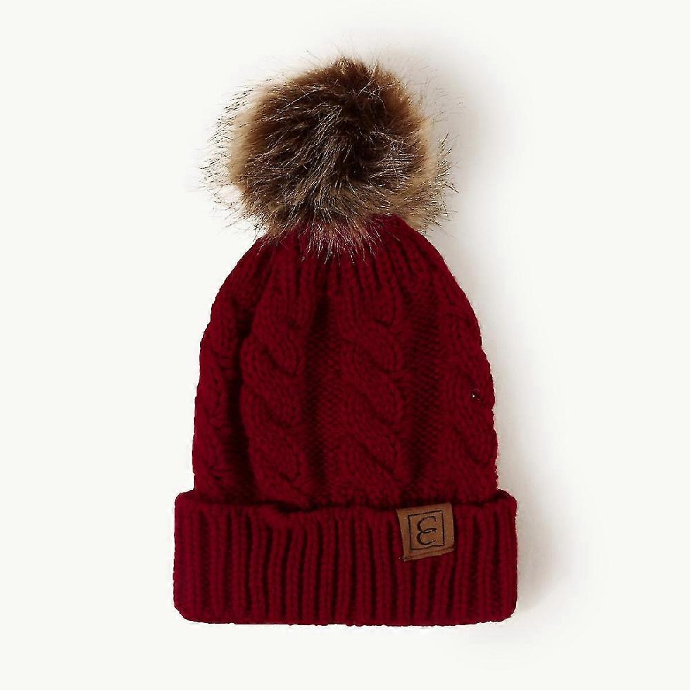Thick Cable Knit Faux Fuzzy Fur Pom Fleece Lined Skull Cap Cuff Beanie