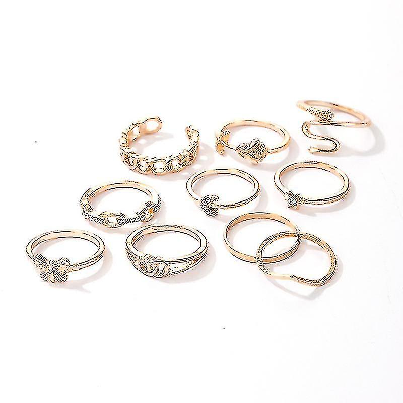 Tocona 10pcs / Set Snake Moon Joint Ring Set Per Le Donne Charms Farfalla Roseflowers Geoemtric Open Jewelry Accessori Anillo