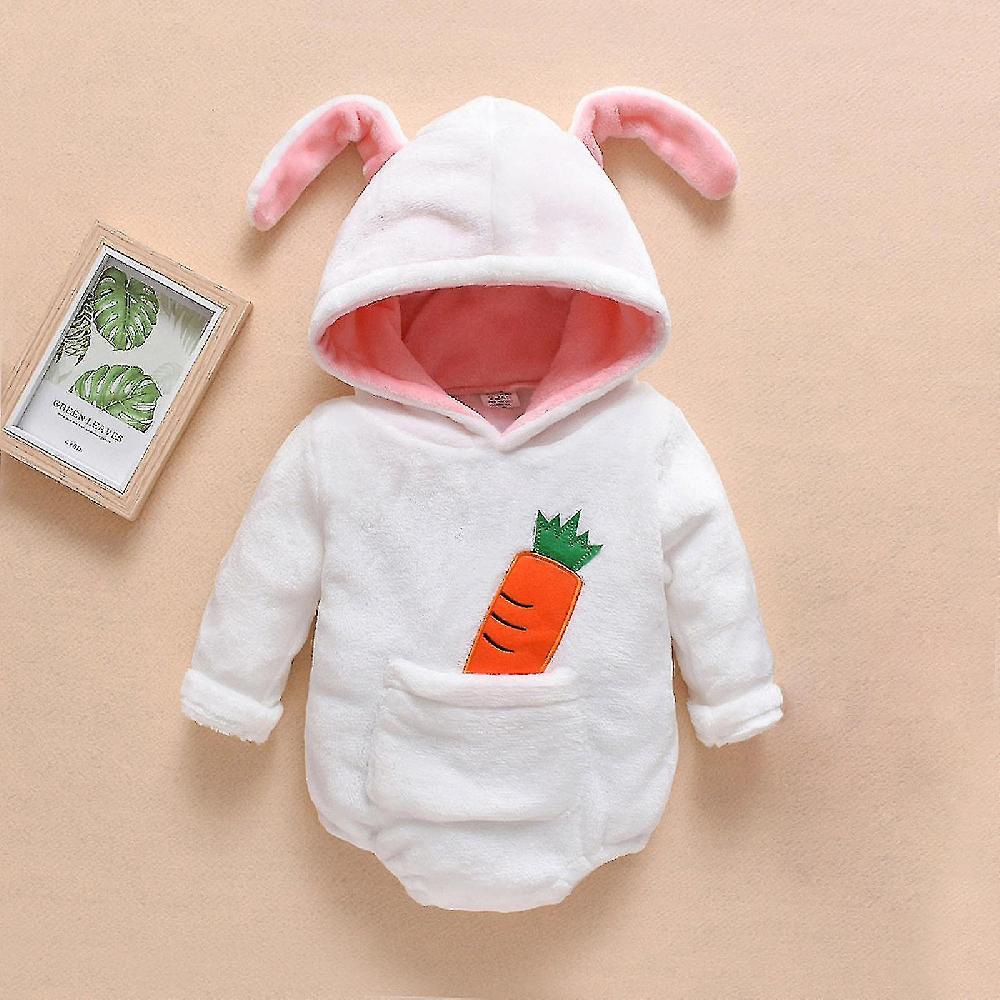 Toddler Girls Baby Plush Cotton Long Sleeve Radish Print Thick Hoodie Rabbit Ears Jumpsuit Romper 90cm
