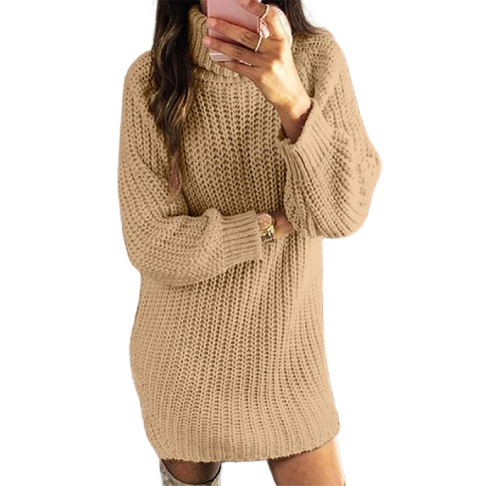 Turtleneck Sweaters For Women Long Sleeve Knit Pullover Sweater Long-Sleeved Knitted Dress Solid Color Casual Long Top