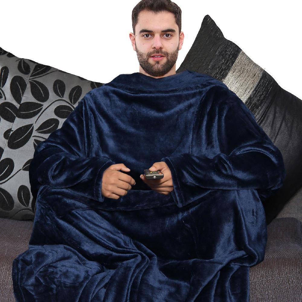 Unisex Men Ladies Navy Color Wearable TV Blankets With Sleeves