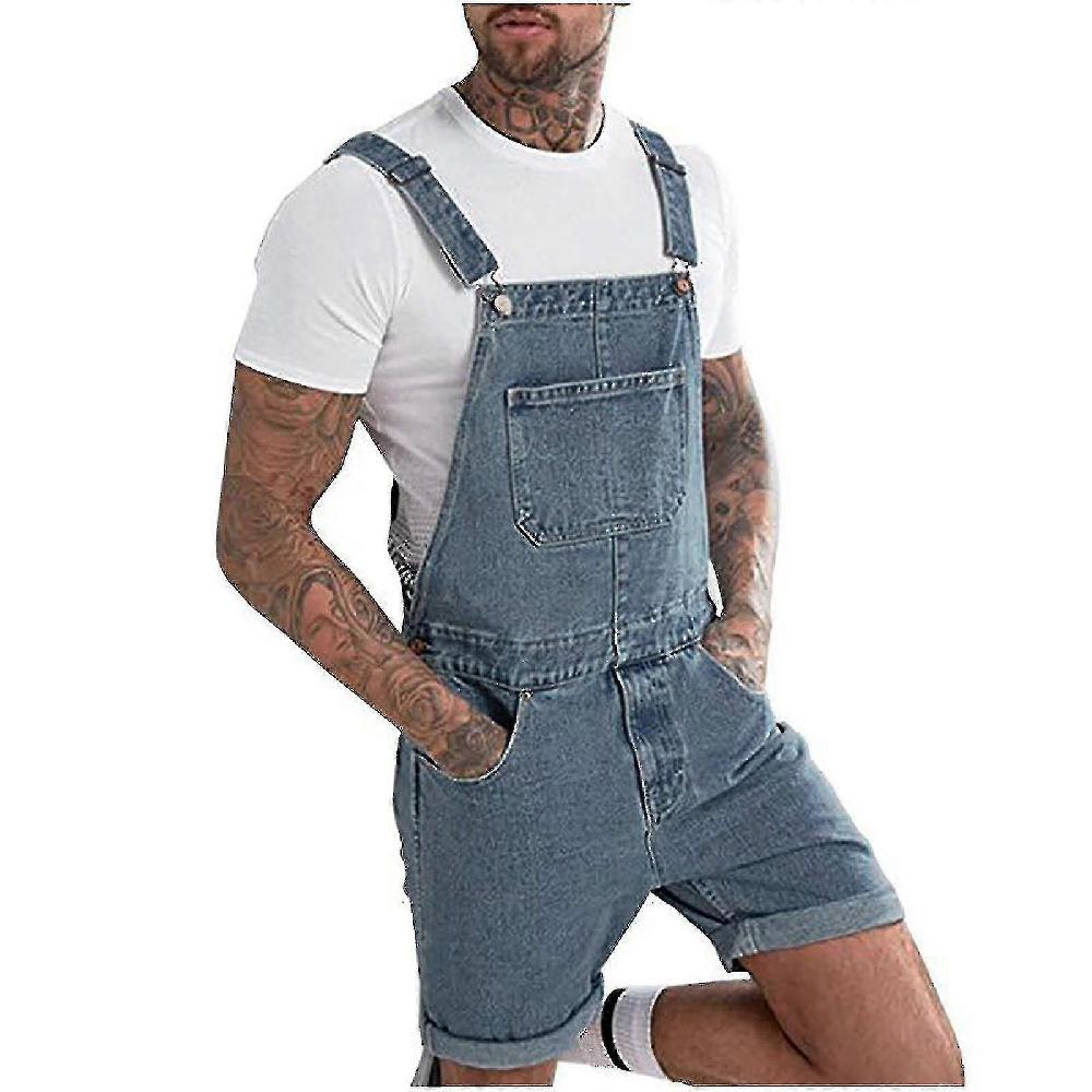 Uomini Moda Casual Solido Taschino Sul Petto Denim Strappato Pantaloncini Di Tipo Dritto Salopette Da Guanzai