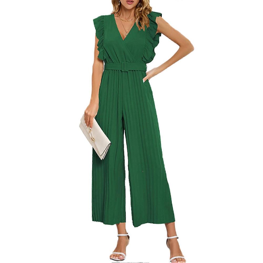 V Neck Jumpsuit Pants Women Sleeveless Casual Rompers with Waistband Pleated Straight Leg Green M