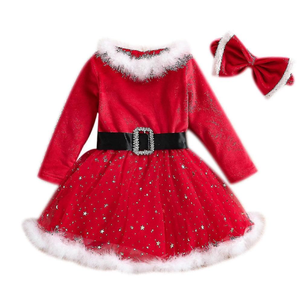 Vestito Di Natale Ragazza Di Natale Manica Lunga Vestito Di Natale + Fascia 2 Pz Abiti