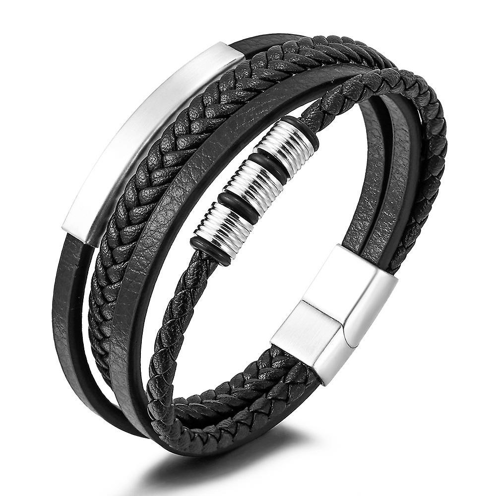 Vintage Stainless Steel Black Multilayer Genuine Leather Bracelet For Men Magnetic Clasp Button Male Braid Bangle Handmade Jewel
