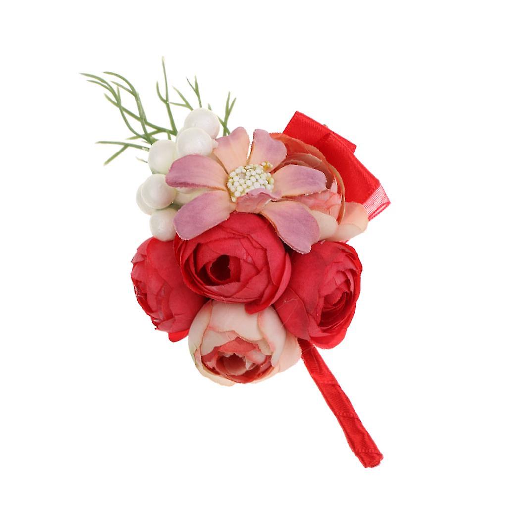 Wedding Groom Bride Boutonniere Corsage Flower Brooch Pin Ribbon Red