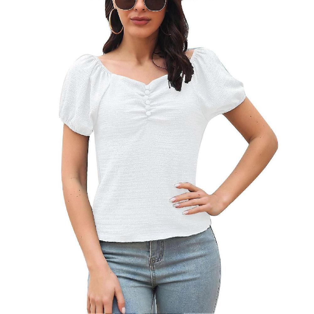 White 3XL Women Puff Sleeve Top V Neck Short Sleeve Pleated Front Button Slim Fit Simple Plain Pattern Summer T Shirt