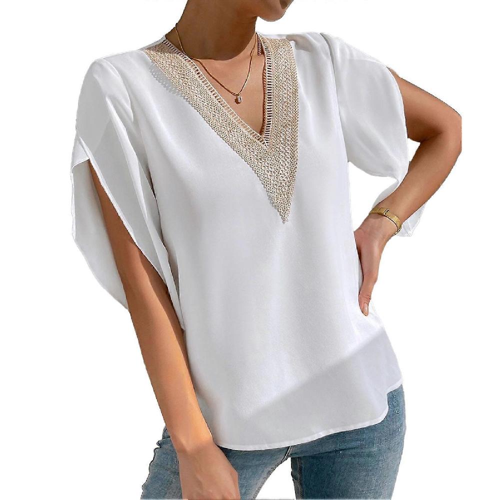 White L Petal Sleeve Blouse Top Guipure Lace V Neck Petal Short Sleeve Blouse For Summer Spring
