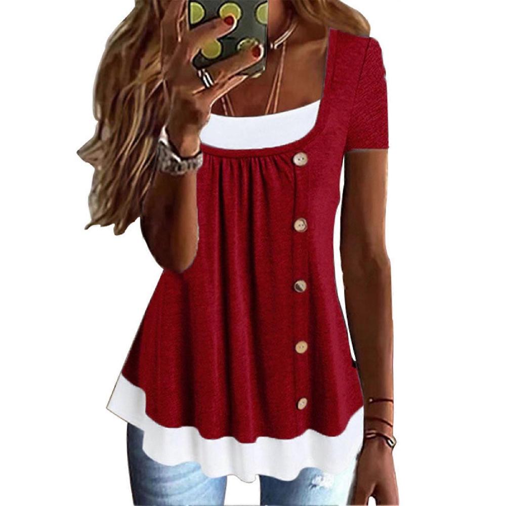 Wine Red S 2 in 1 T Shirt Pleated Front Button Trim Loose Fitting Summer Casual Blouse for Women