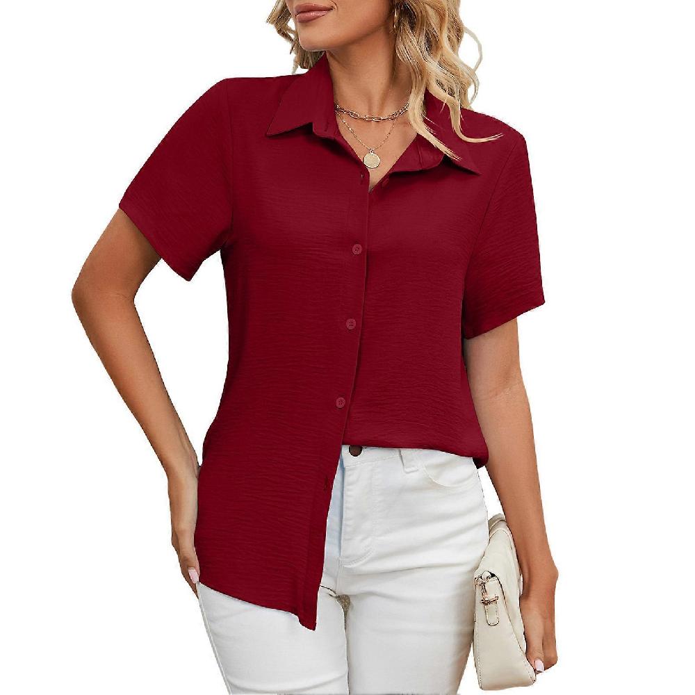 Wine Red XL Women's Button Down Shirt Pure Color Short Sleeve Breathable Casual Shirt For Working