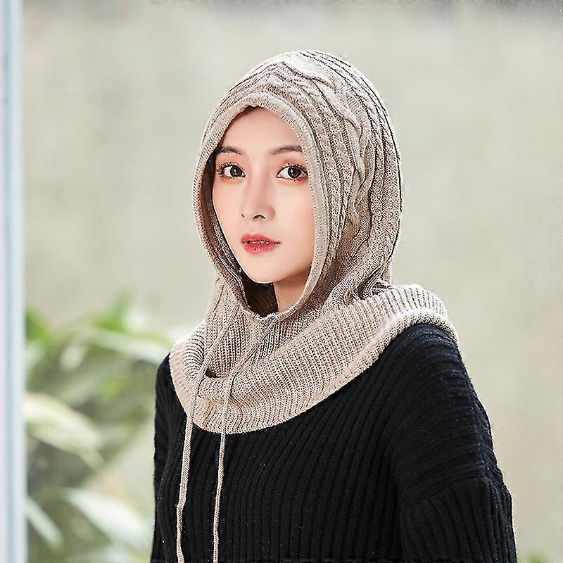 Winter Hats For Women Warm Hooded Scarf Hat For Women Balaclava Pullover Knitted Beanie Hat With Drawstring