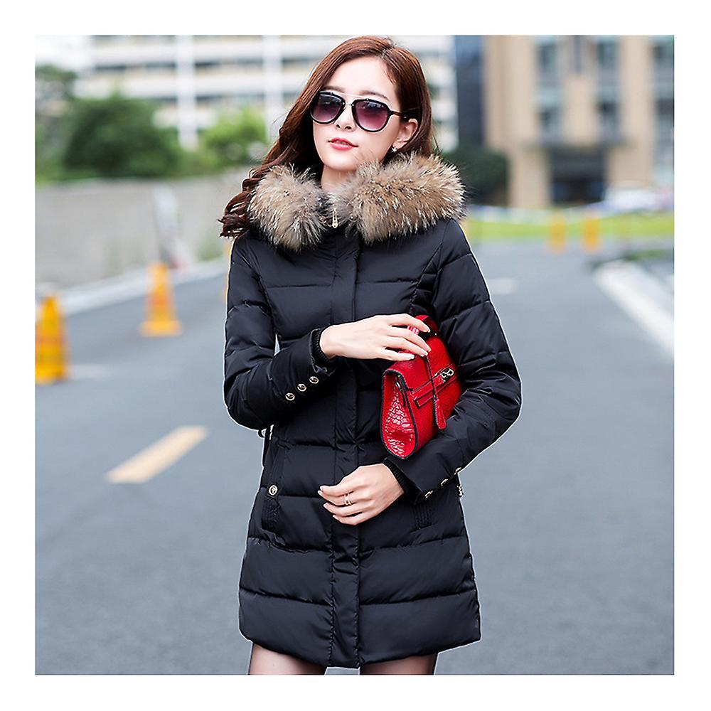 Winter Woman Middle Long Slim Down Coat Fur Collar Hoodied