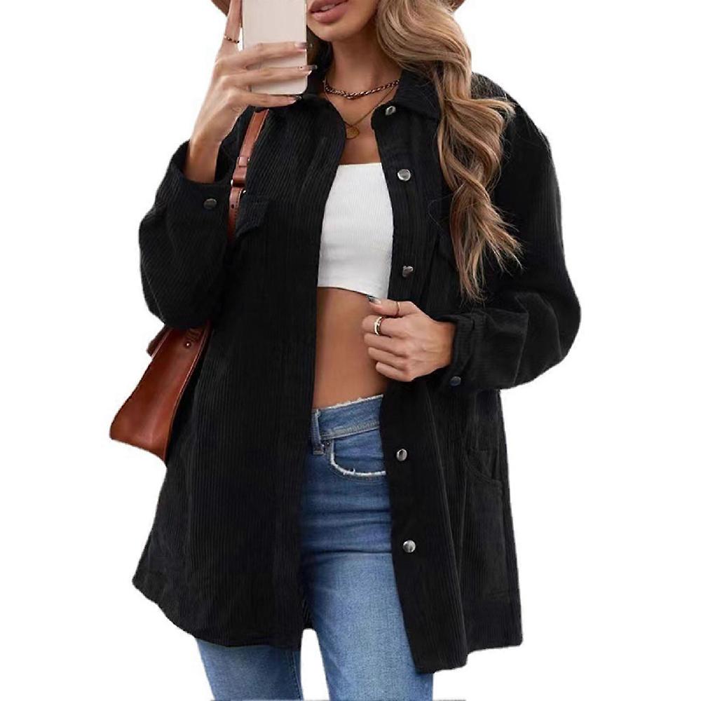 Woman Pure Color Pockets Coat Turn Down Collar Single Breasted Loose Leisure Long Sleeve Coat Black L