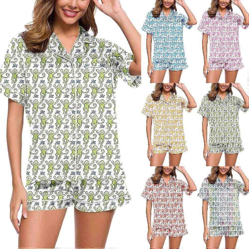 Women 2 Piece Floral Pajamas Set Y2k Short Sleeve Monkey Bunny Tiger Floral PJ Shorts Set ZD B2