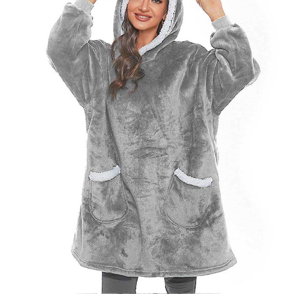Women Blanket Hoodie Oversize Christmas Antler Decoration Thickened Pullover Swearshirt with Pocket Grey Free Size