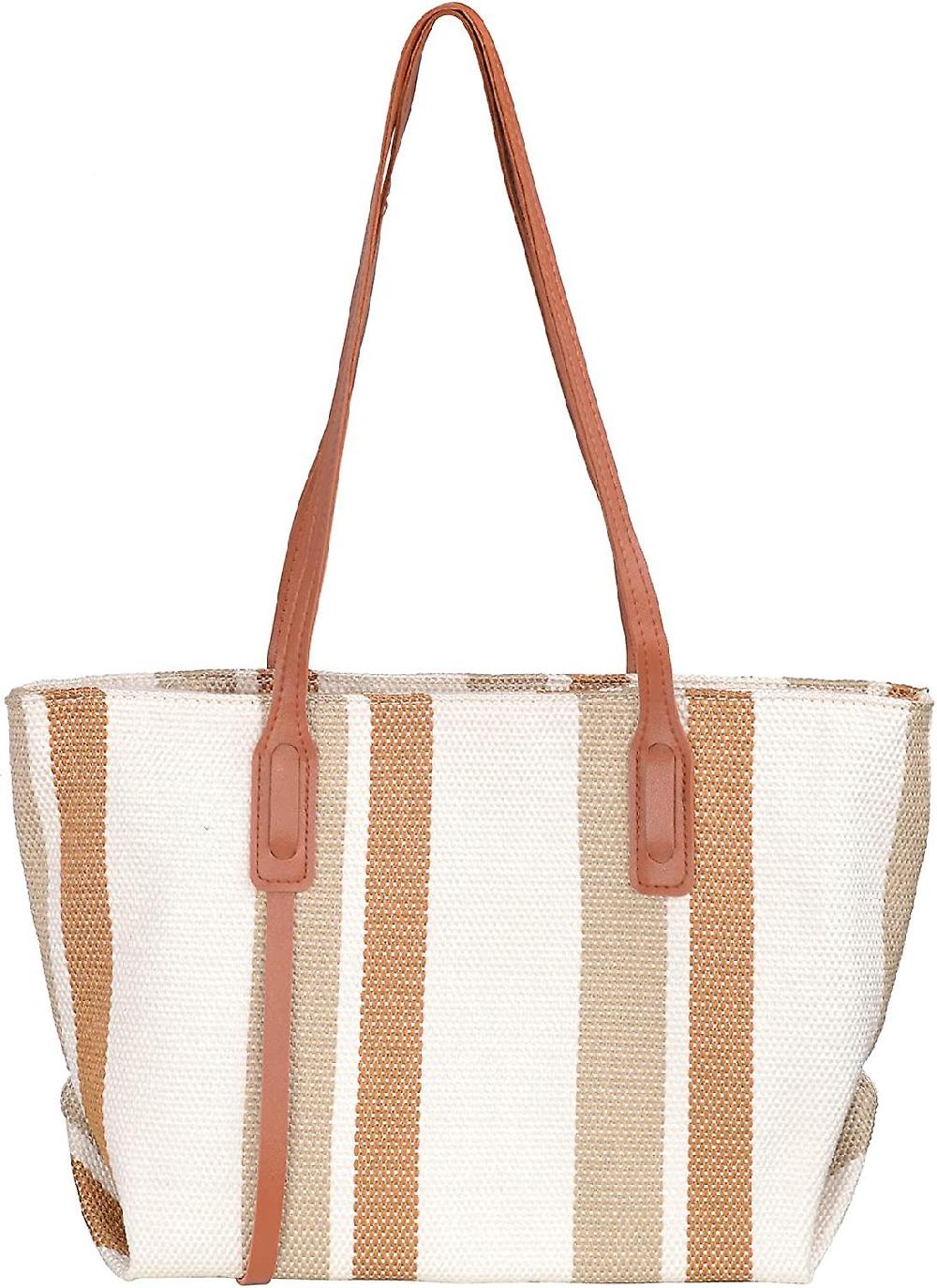 Women Canvas Handbag Simple Stitching Color Design Stripes Beach Shoulder Bag Environmental Protecti