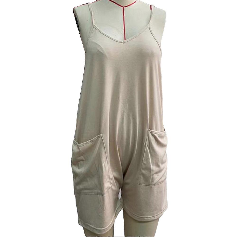 Women Casual Overall Shorts V Neck Sleeveless Adjustable Spaghetti Strap Summer Jumpsuits Shorts with Pockets Apricot XXL