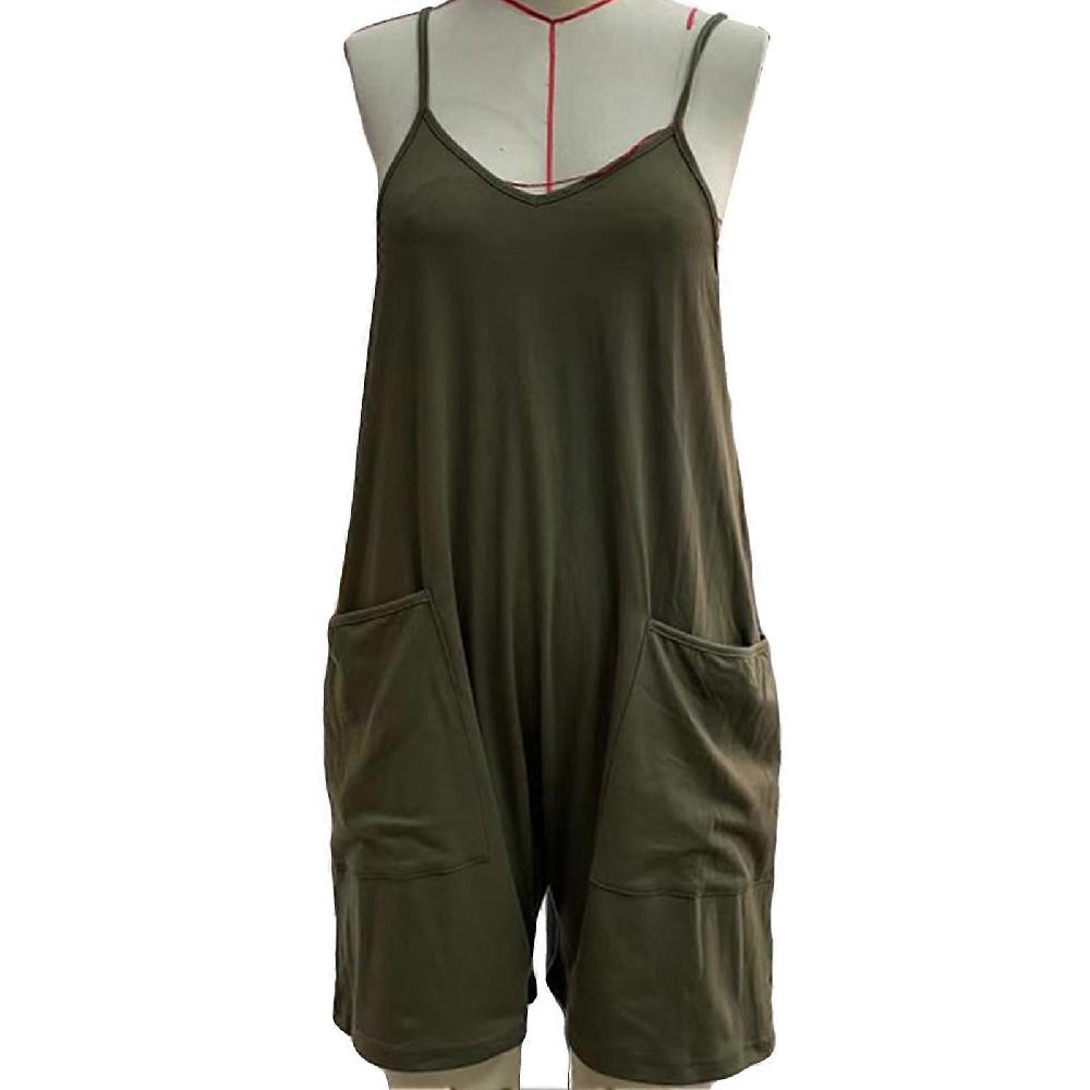 Women Casual Overall Shorts V Neck Sleeveless Adjustable Spaghetti Strap Summer Jumpsuits Shorts With Pockets OD Green L