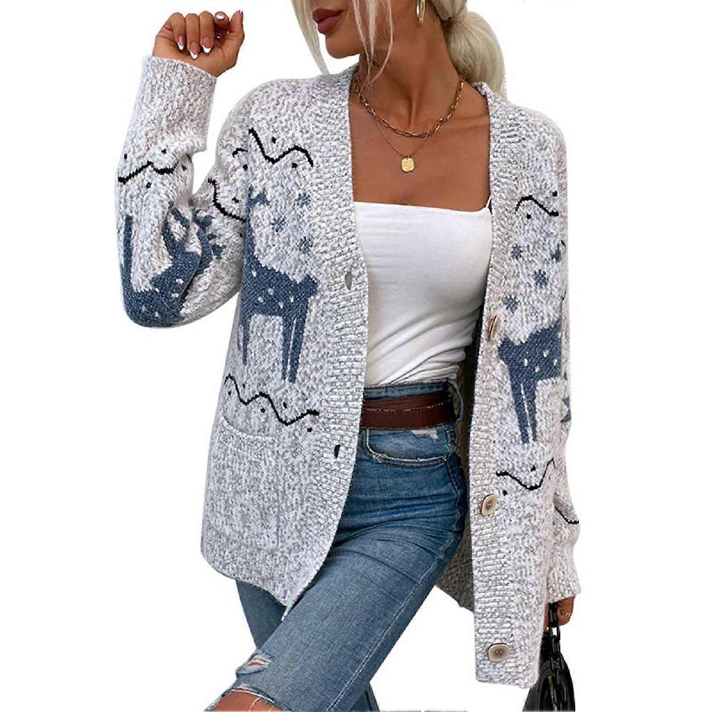 Women Christmas Open Front Sweater Single Breasted Deer Knitted Outwear Sweater for Autumn Winter Light Gray L