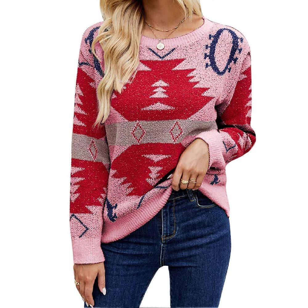 Women Christmas Pullover Sweater Crew Neck Long Sleeve Loose Fit Color Blocking Knitted Top Pink L