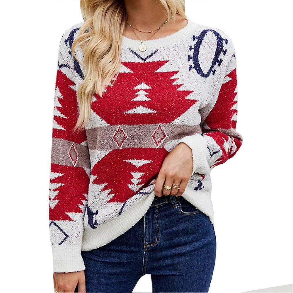 Women Christmas Pullover Sweater Crew Neck Long Sleeve Loose Fit Color Blocking Knitted Top Apricot M