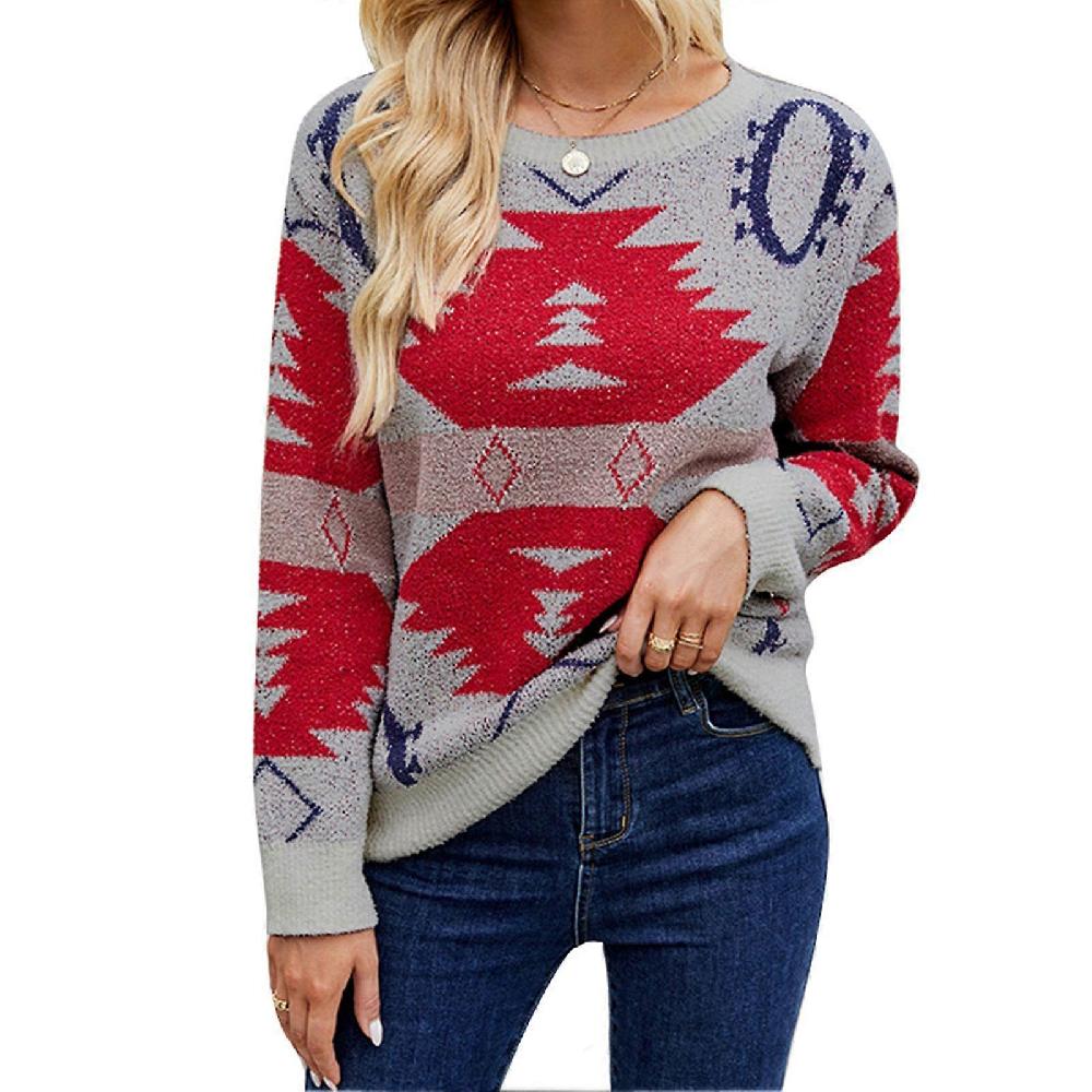Women Christmas Pullover Sweater Crew Neck Long Sleeve Loose Fit Color Blocking Knitted Top Grey L