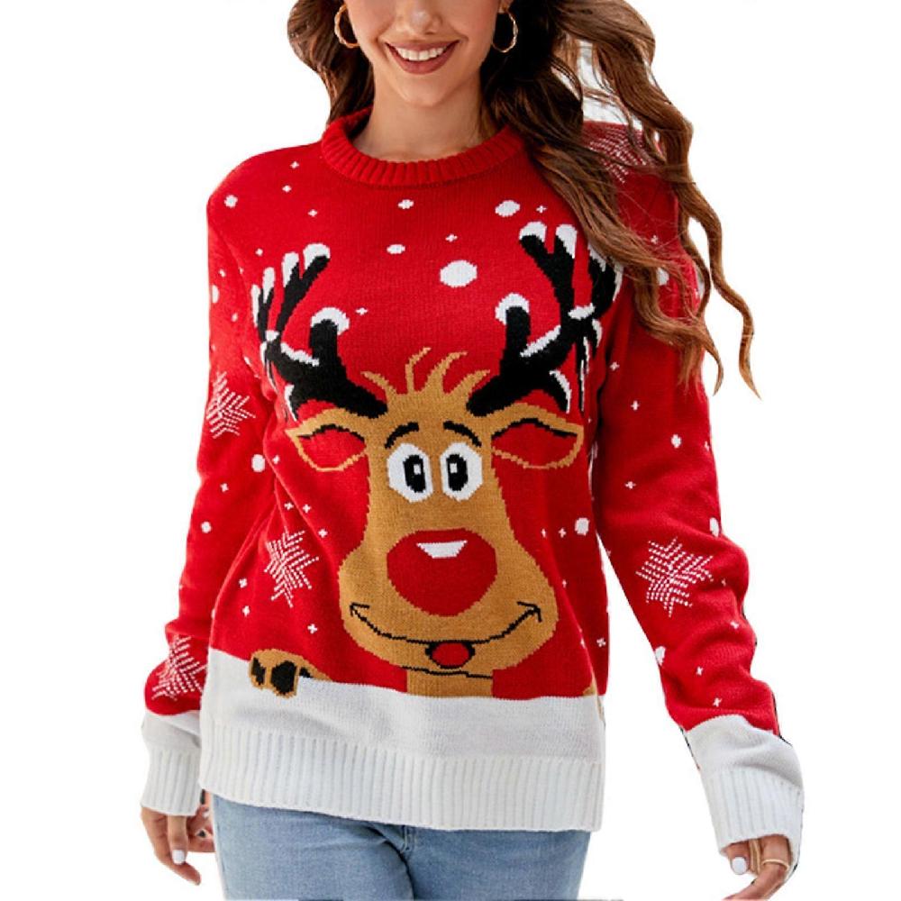 Women Christmas Pullover Sweater Round Neck Long Sleeve Color Blocking Fashionable Casual Xmas Sweater For Home Party A1073 M