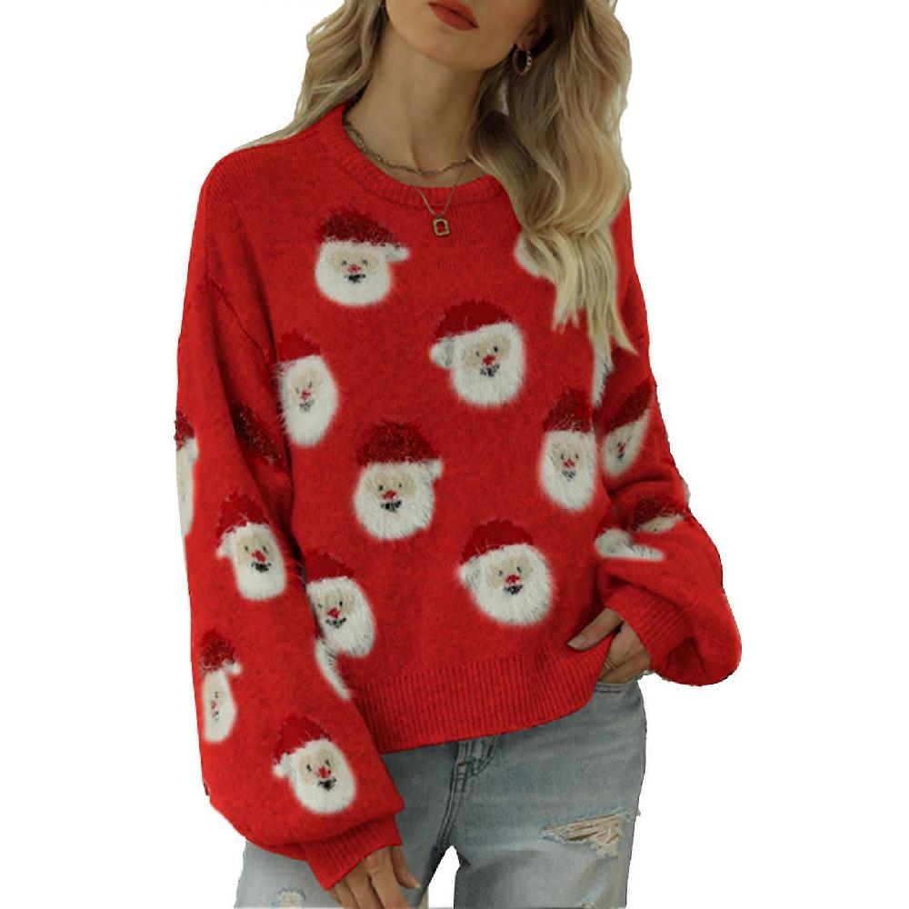 Women Christmas Santa Knitted Sweater Round Neck Long Sleeve Funny Pullover for Autumn Winter Red L