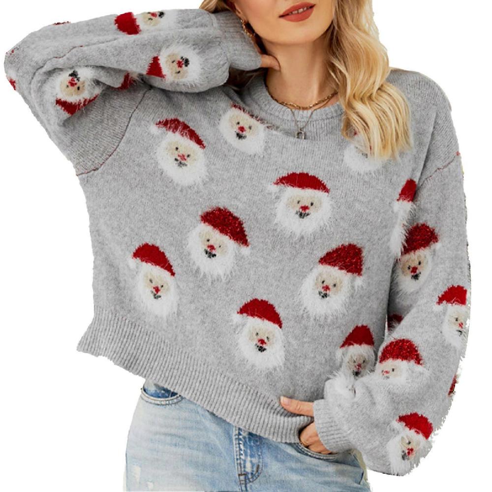 Women Christmas Santa Knitted Sweater Round Neck Long Sleeve Funny Pullover For Autumn Winter Grey S