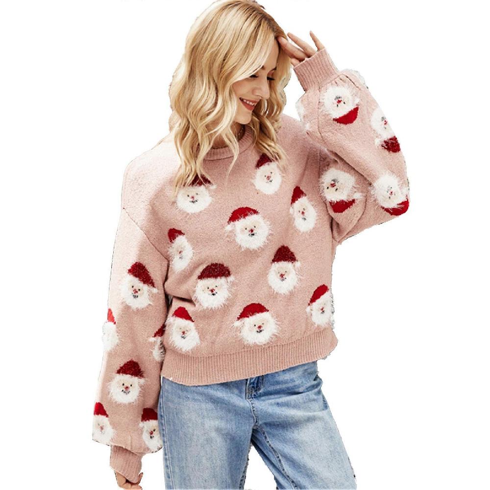 Women Christmas Santa Knitted Sweater Round Neck Long Sleeve Funny Pullover For Autumn Winter Pink M
