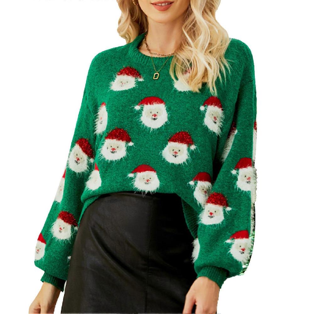 Women Christmas Santa Knitted Sweater Round Neck Long Sleeve Funny Pullover For Autumn Winter Green L