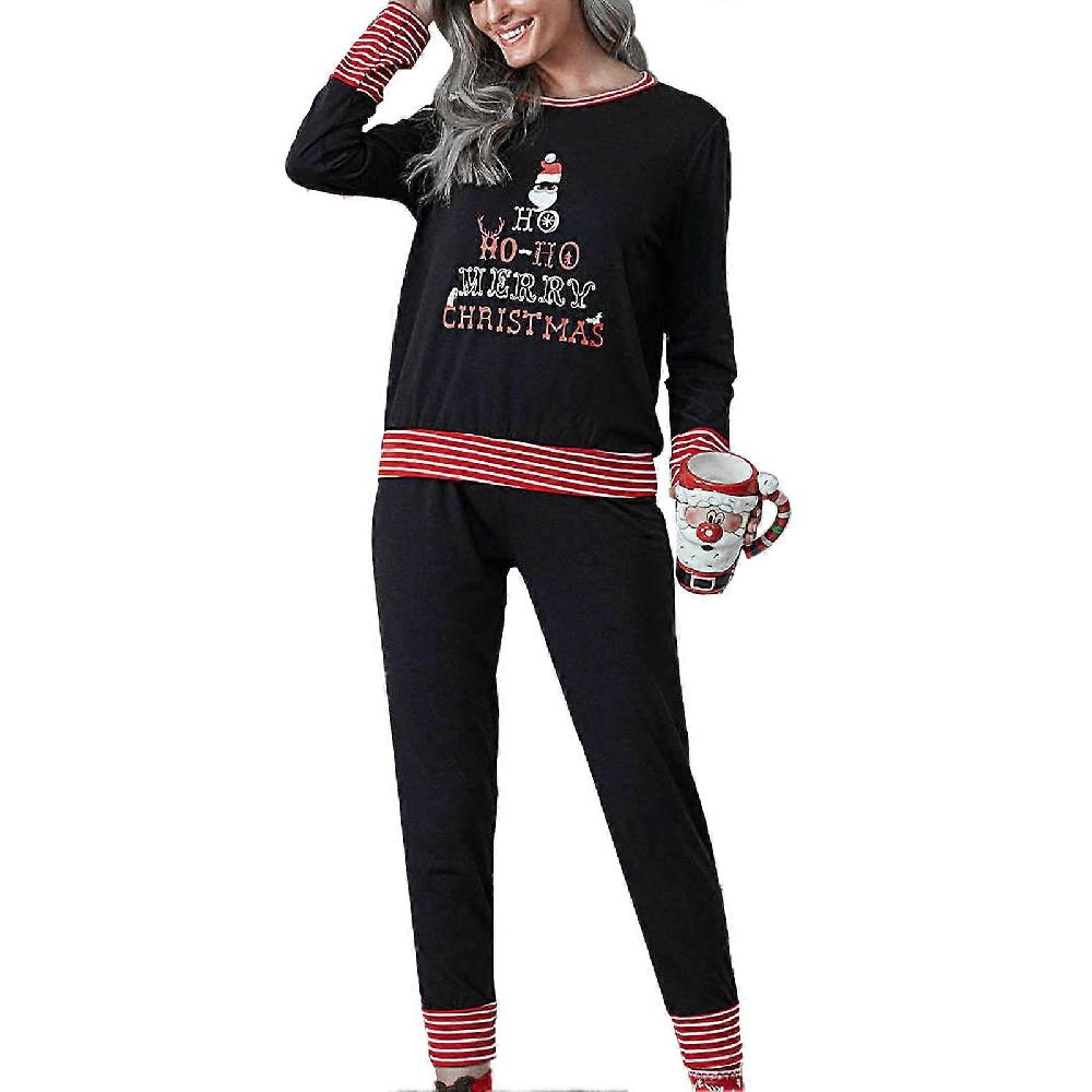 Women Christmas Sleepwear Set Stretchy Two Piece Pullover Top Stripes Patchwork Color Blocking Printed Loungewear Set Black M
