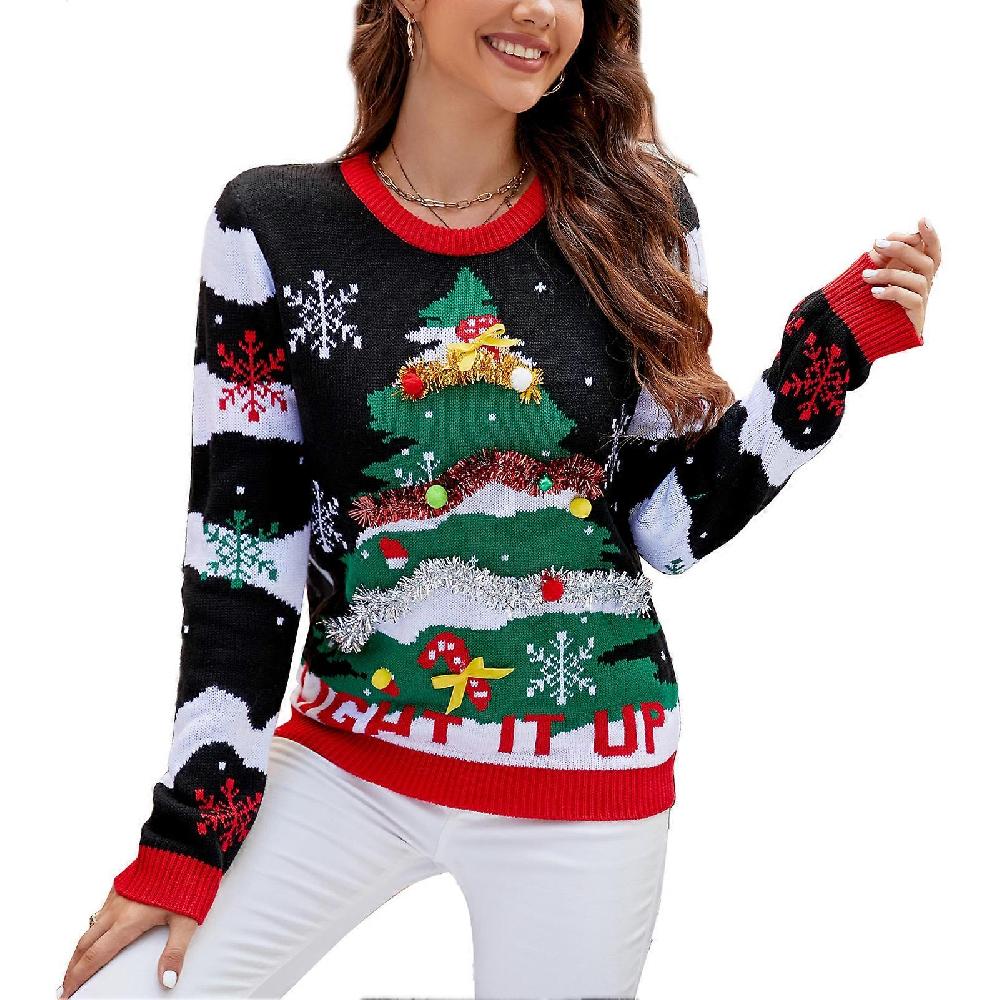 Women Christmas Sweater Fashion Casual Loose Women Long Sleeve Crew Neck Sweater for Party Daily Shopping A1066 XL
