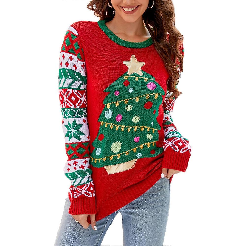 Women Christmas Sweater Fashion Casual Loose Women Long Sleeve Crew Neck Sweater for Party Daily Shopping A1050 XXL