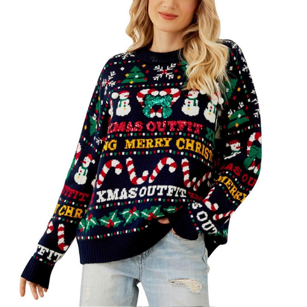 Women Christmas Sweater Knitted Crewneck Long Sleeve Printed Color Blocking Loose Pullover Sweater Purplish Blue M