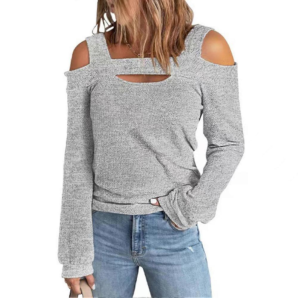 Women Cold Shoulder Top Cut Out Design Solid Color Fashionable Long Sleeve Blouse For Home Shopping Grey S