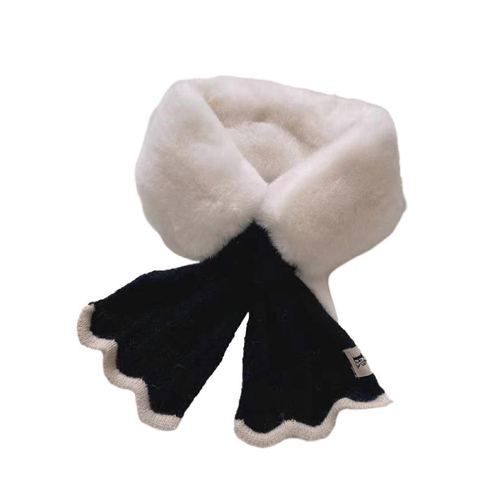 Women Cross Scarf Fall Winter Faux Rabbit Fur Knit Fish Tale Splicing Soft Thickened Warm Windproof Cold Weather Girls Neck Wrap Scarf Birthday Gift